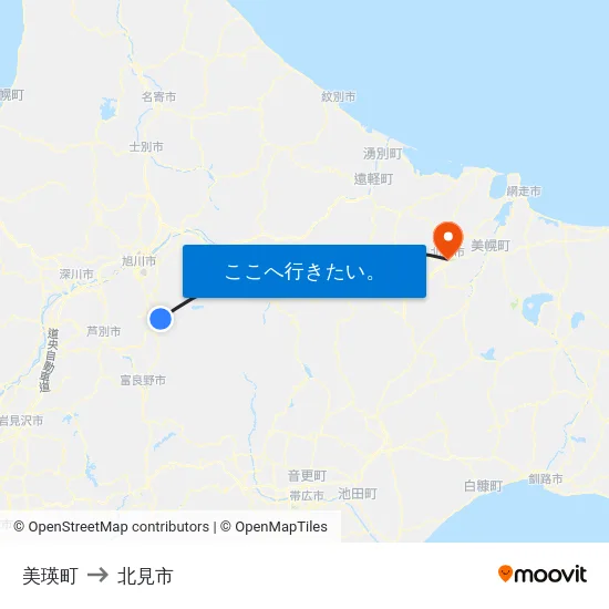 美瑛町 to 北見市 map