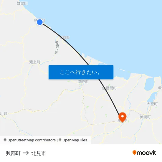 興部町 to 北見市 map