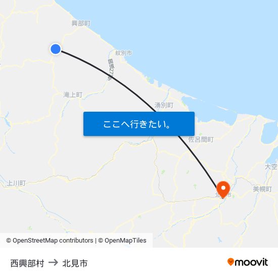 西興部村 to 北見市 map