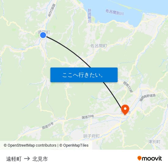 遠軽町 to 北見市 map
