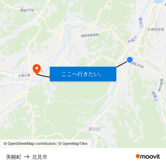 美幌町 to 北見市 map