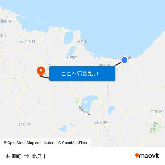 斜里町 to 北見市 map