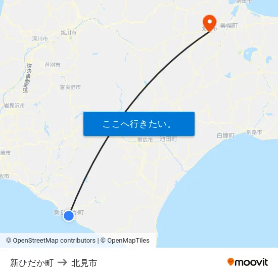 新ひだか町 to 北見市 map