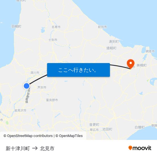 新十津川町 to 北見市 map