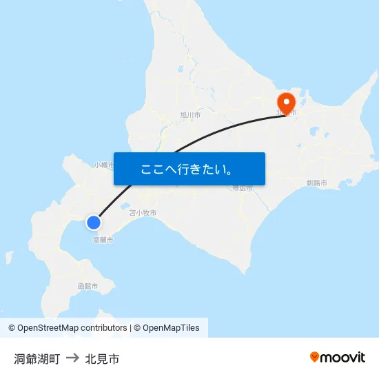 洞爺湖町 to 北見市 map