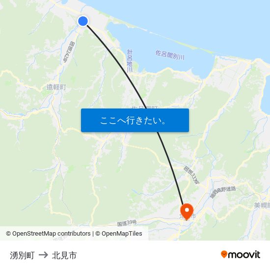 湧別町 to 北見市 map