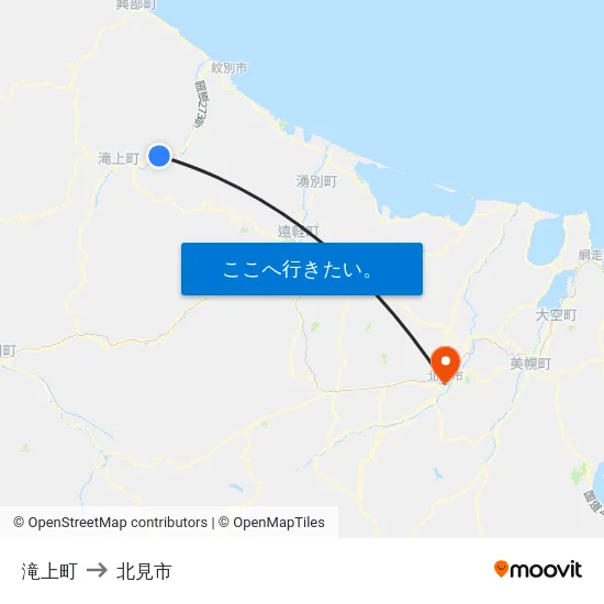 滝上町 to 北見市 map