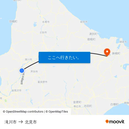 滝川市 to 北見市 map