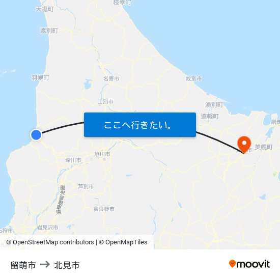 留萌市 to 北見市 map