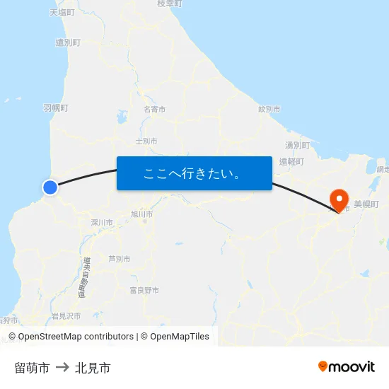 留萌市 to 北見市 map