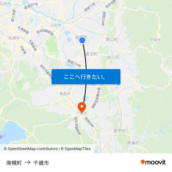 南幌町 to 千歳市 map