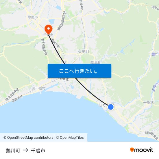 鵡川町 to 千歳市 map