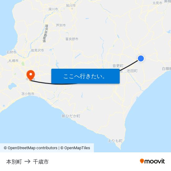 本別町 to 千歳市 map