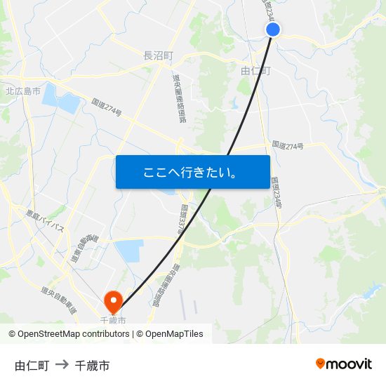 由仁町 to 千歳市 map