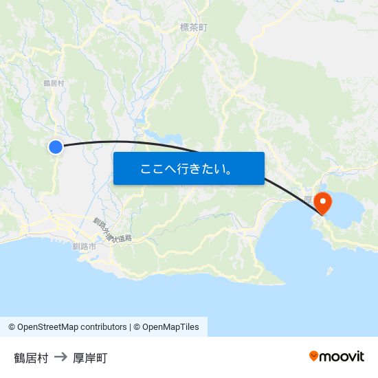 鶴居村 to 厚岸町 map