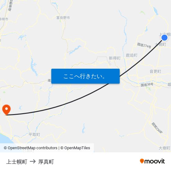 上士幌町 to 厚真町 map