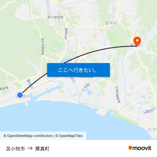 苫小牧市 to 厚真町 map