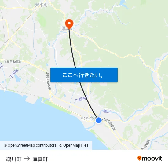 鵡川町 to 厚真町 map
