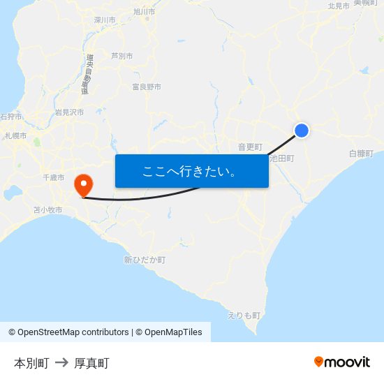 本別町 to 厚真町 map