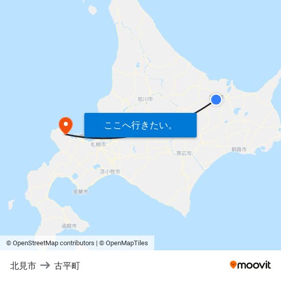 北見市 to 古平町 map