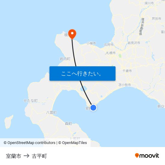 室蘭市 to 古平町 map