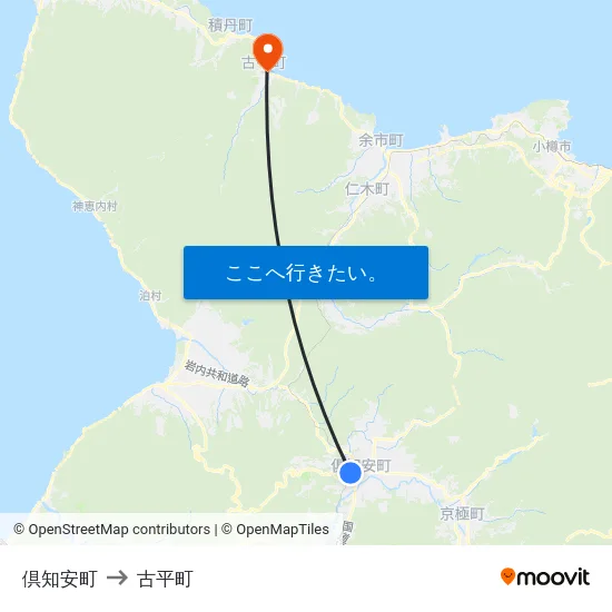 倶知安町 to 古平町 map