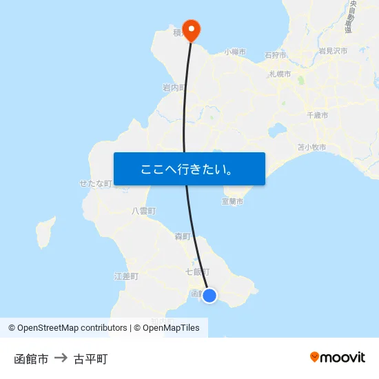 函館市 to 古平町 map