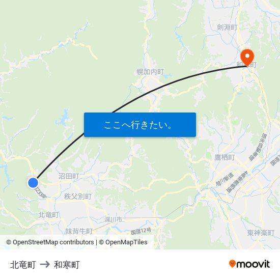 北竜町 to 和寒町 map