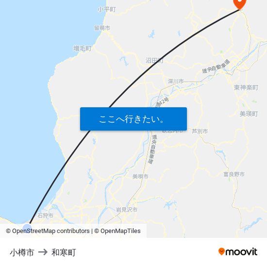 小樽市 to 和寒町 map