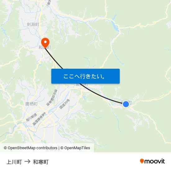 上川町 to 和寒町 map