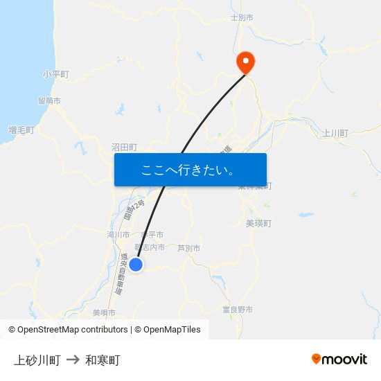 上砂川町 to 和寒町 map