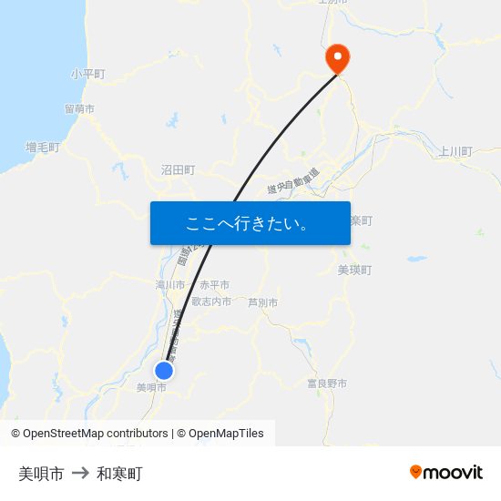 美唄市 to 和寒町 map