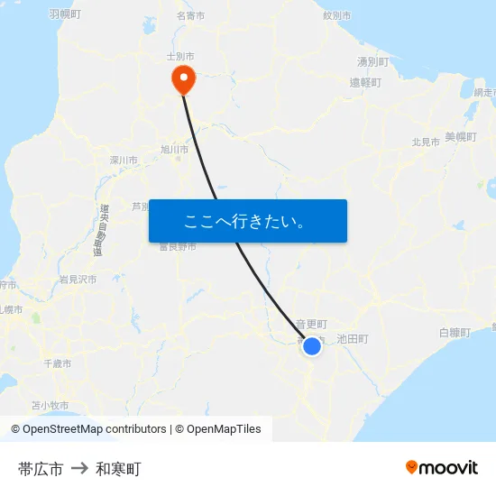 帯広市 to 和寒町 map
