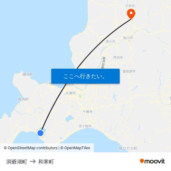 洞爺湖町 to 和寒町 map