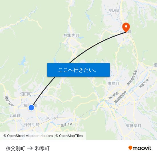 秩父別町 to 和寒町 map