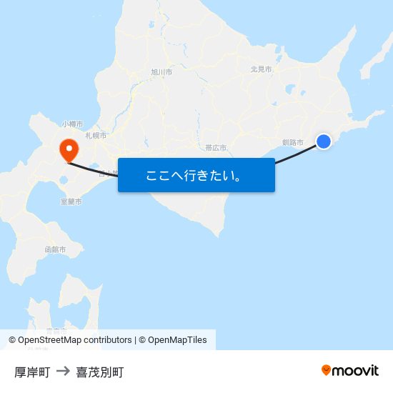 厚岸町 to 喜茂別町 map