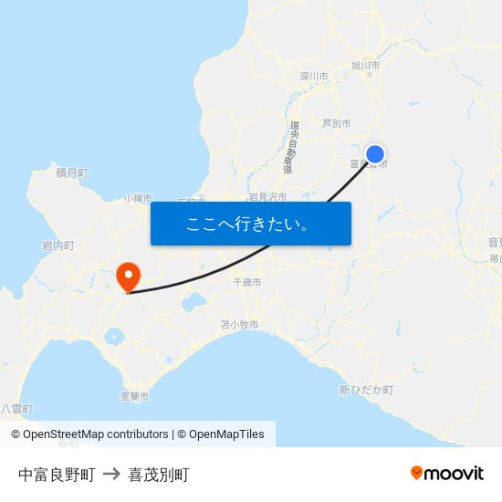 中富良野町 to 喜茂別町 map