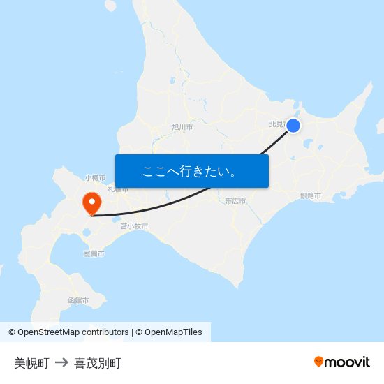 美幌町 to 喜茂別町 map