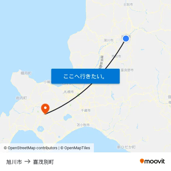 旭川市 to 喜茂別町 map