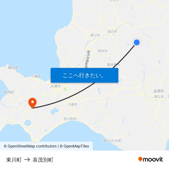 東川町 to 喜茂別町 map