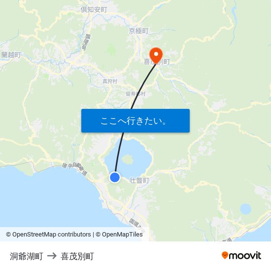 洞爺湖町 to 喜茂別町 map