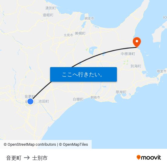 音更町 to 士別市 map