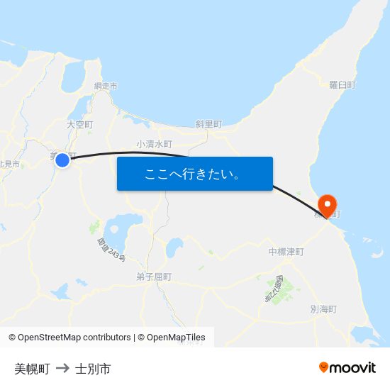 美幌町 to 士別市 map