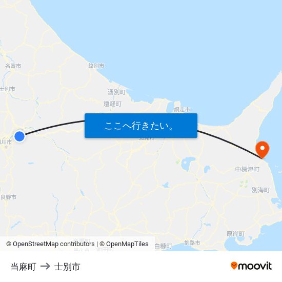 当麻町 to 士別市 map
