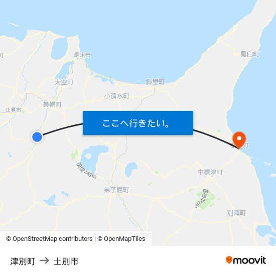 津別町 to 士別市 map