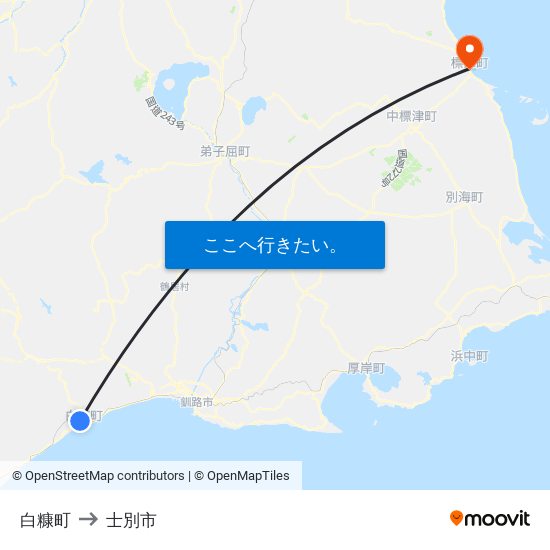 白糠町 to 士別市 map