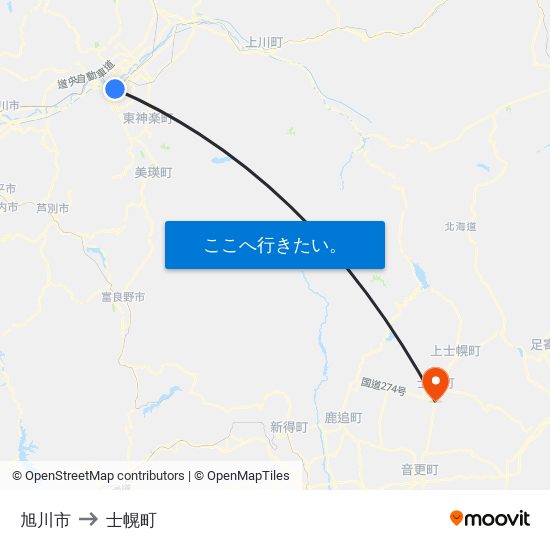 旭川市 to 士幌町 map