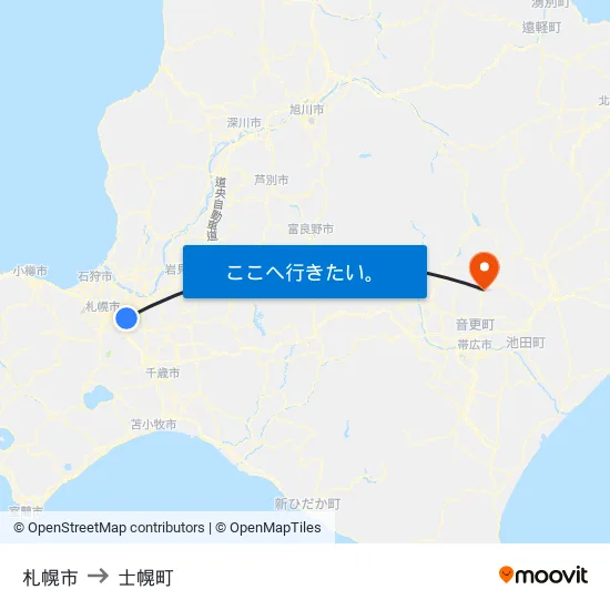 札幌市 to 士幌町 map