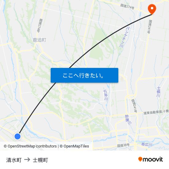 清水町 to 士幌町 map