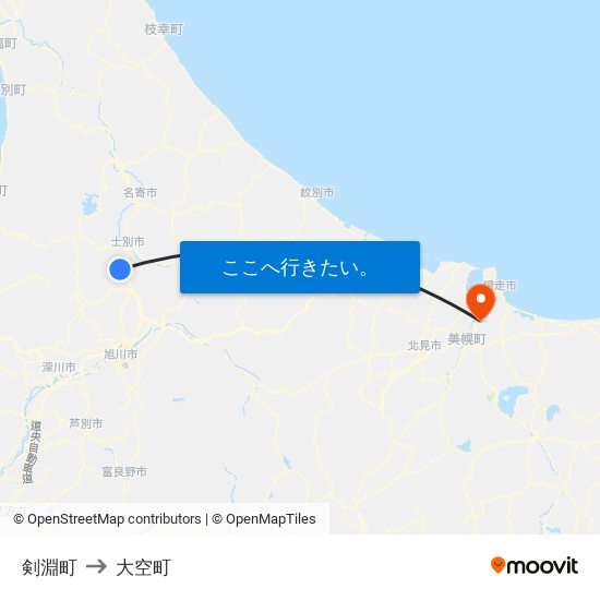 剣淵町 to 大空町 map